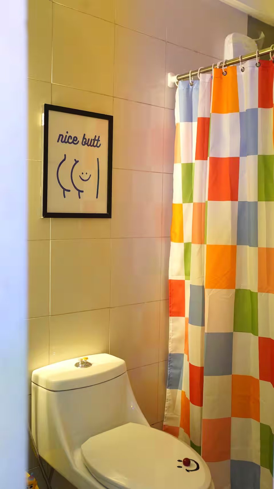 Bathroom with Nice Butt poster, smiley toilet and rainbow checker shower curtain